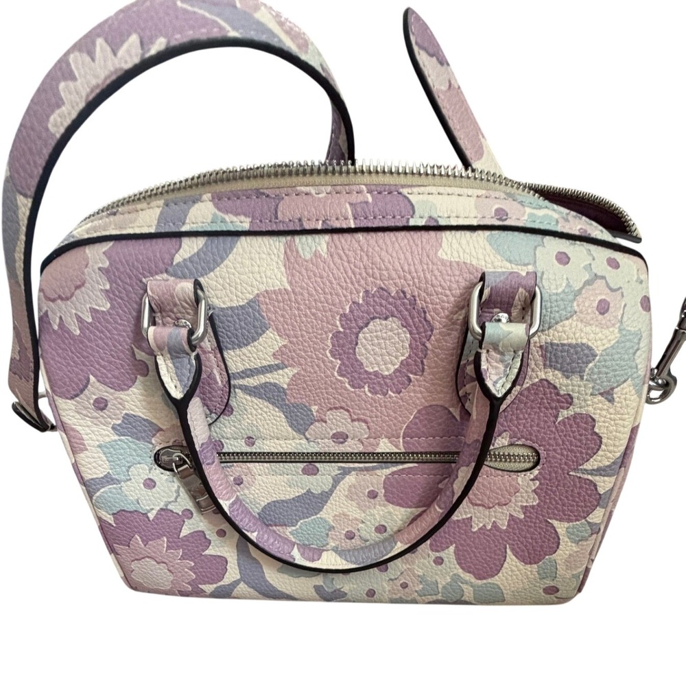 Coach Rowan Satchel Floral Print Pebble Leather Purple Multi Womens Handbag - Picture 2 of 4